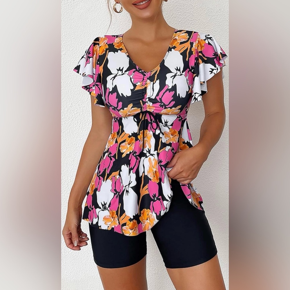 NWOT Fanuerg Floral 2Pc Tankini Swimsuit Ruffled Top, Boy Shorts Women’s L